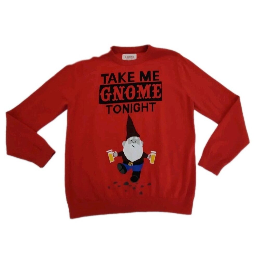 Christmas Sweater Men L/G Red Mossimo Take Me Gnome Red Black